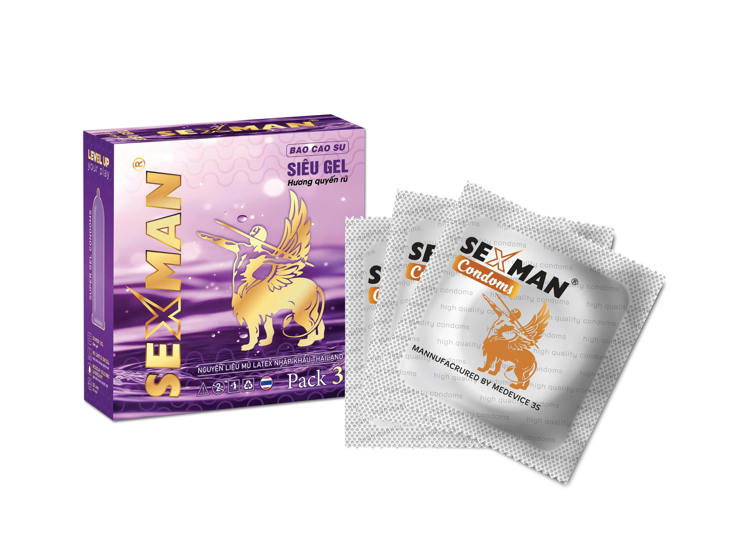 BCS SEXMAN SIÊU GEL Tím- HỘP 3 Cái_Mua 10 tặng 1_K828