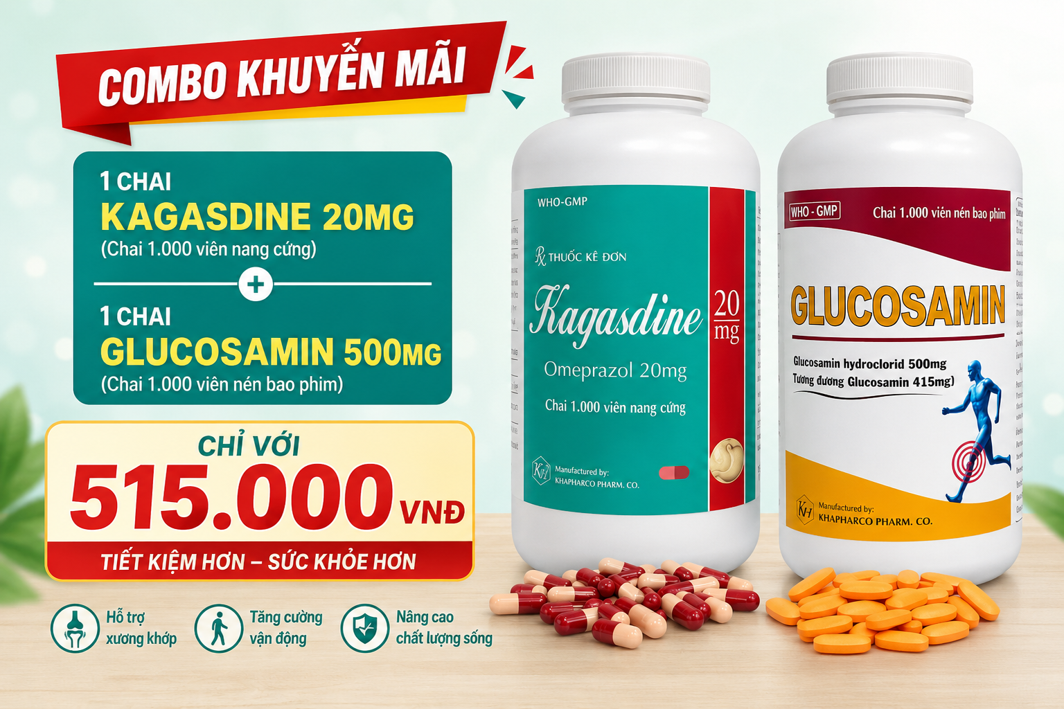 Combo 1Chai Kagasdine (c/100v)+ 1 Chai Glucosamin 500mg (C/1000v)(HĐ)