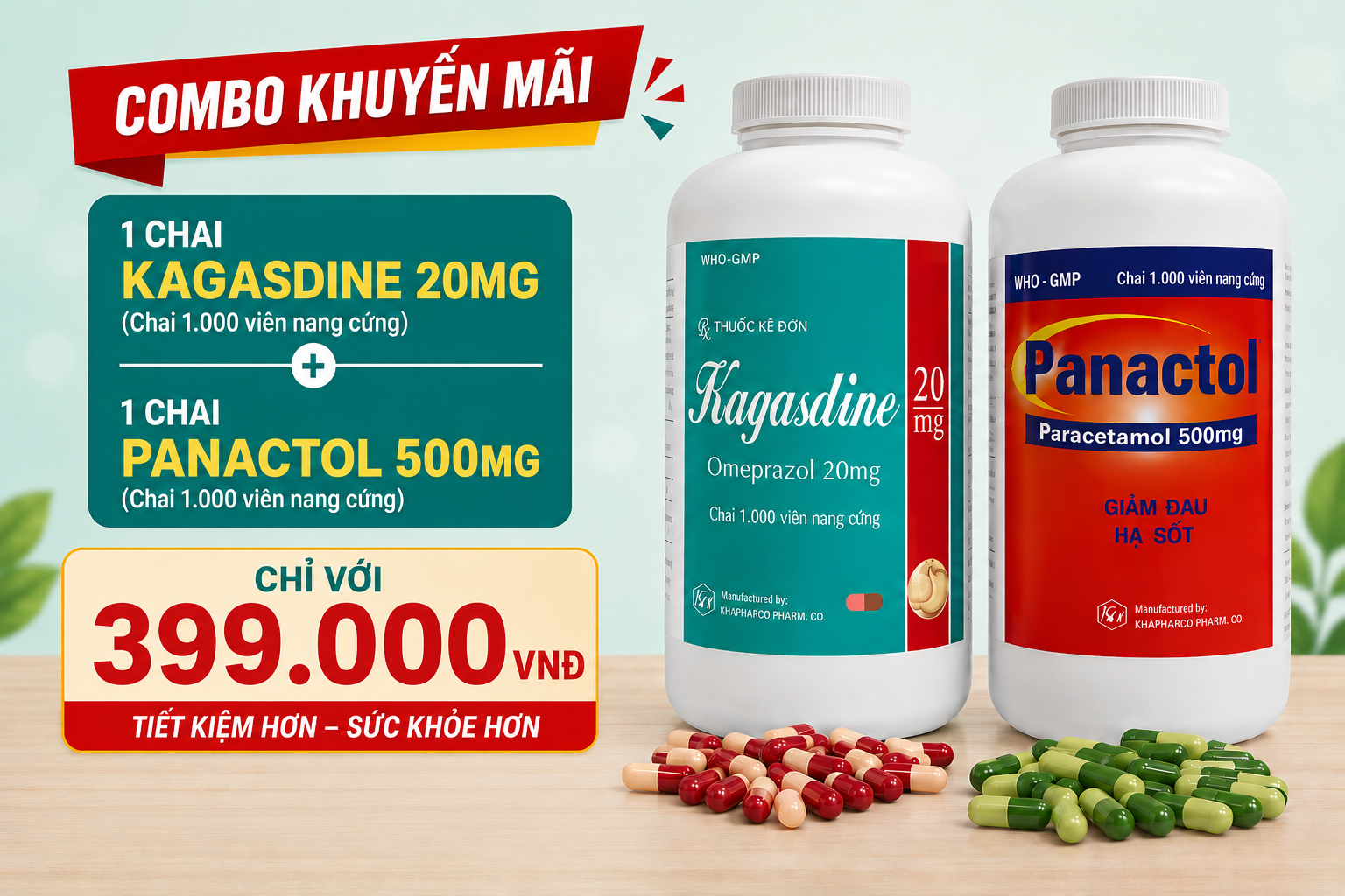 Combo 1Chai Kagasdine (c/1000v)+ 1 Chai Panactol 500mg (C/1000v)(HĐ)