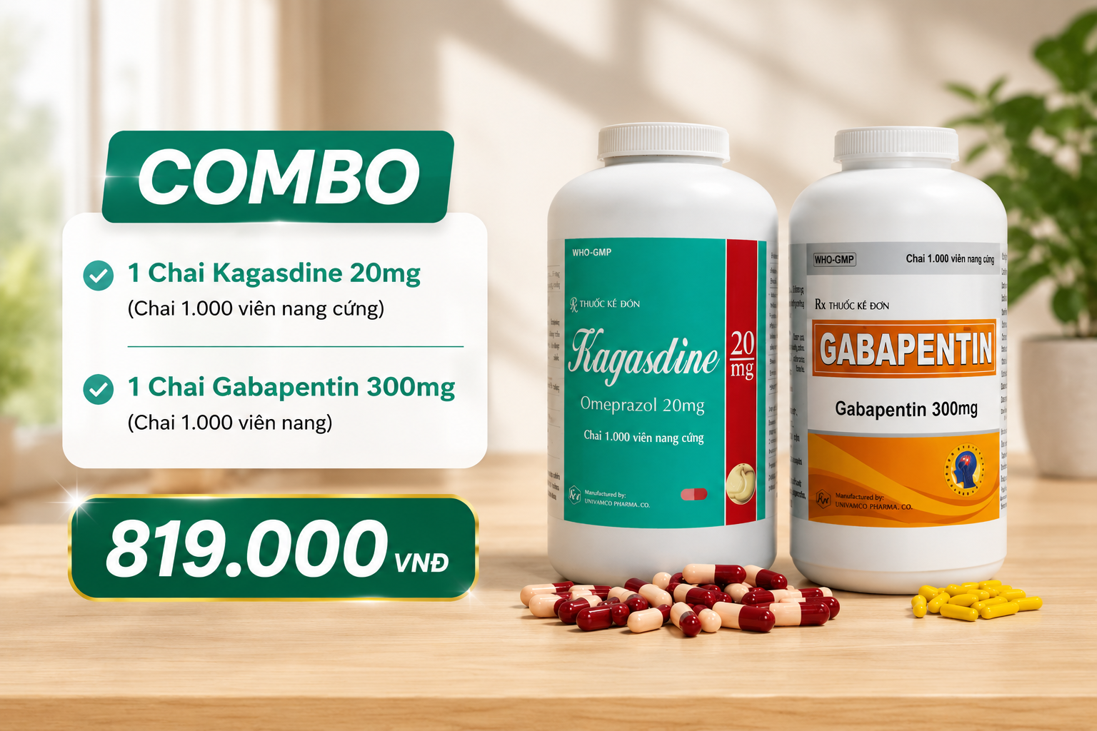 Combo 1 Chai Kagasdine 20mg (c/1000v) + 1 chai Gabapentin 300mg (C/1000v) (HĐ)