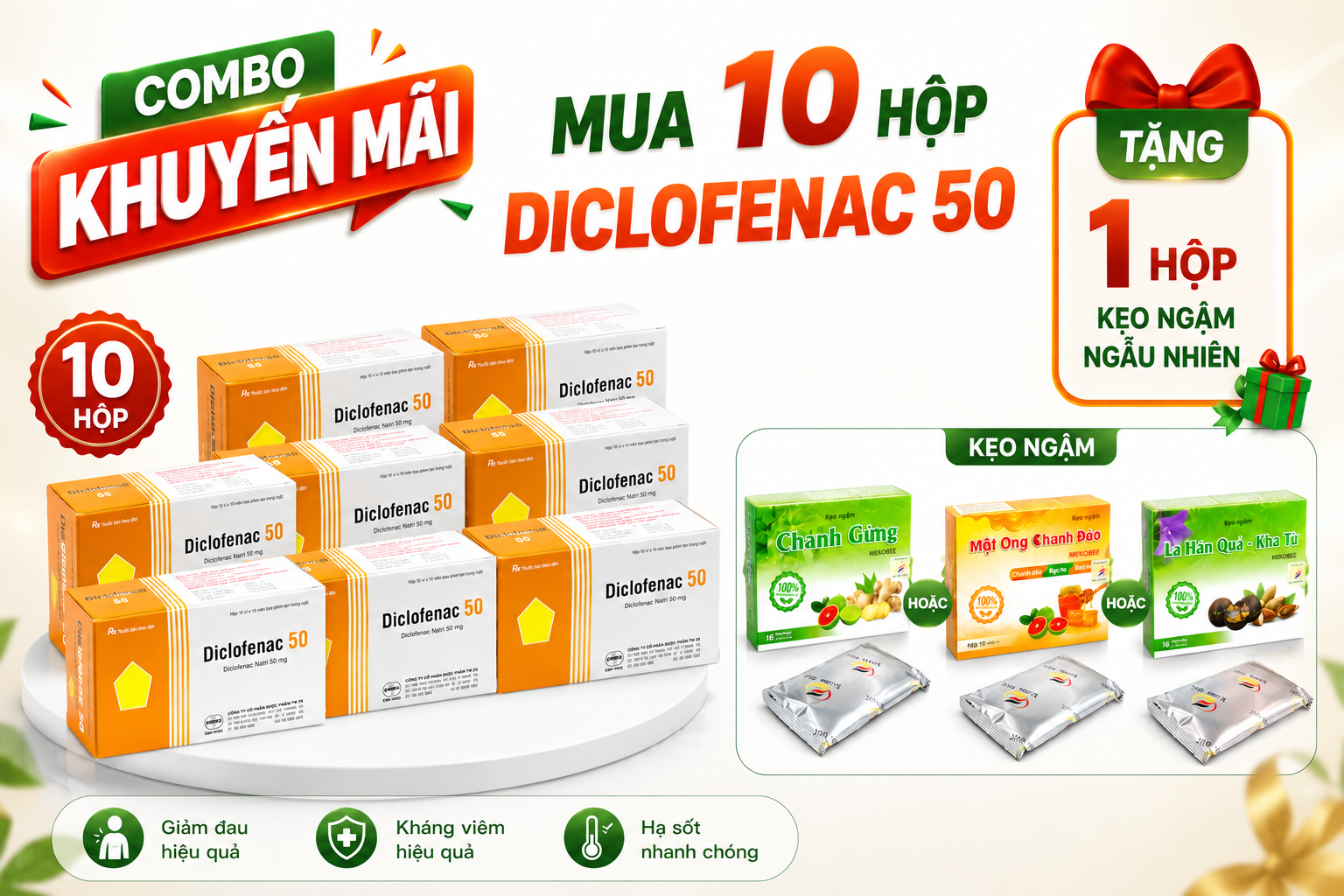Combo Mua 10 Hộp DICLOFENAC 50 Tw25 Tặng 1 hộp kẹo ngậm Mekobee