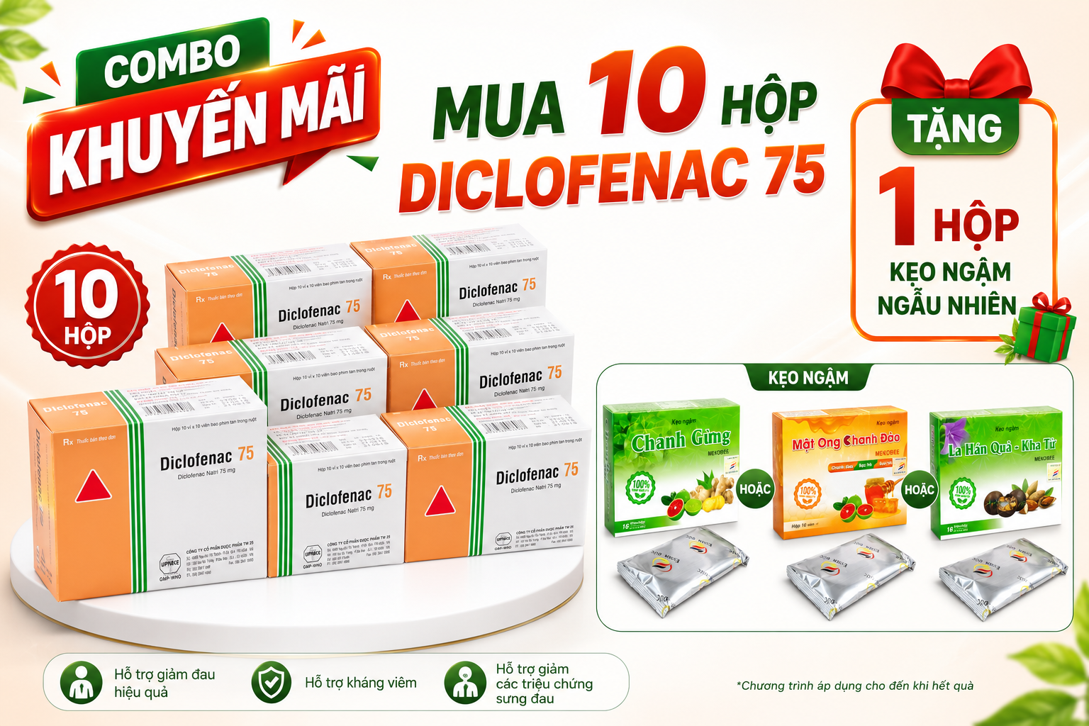 Combo Mua 10 Hộp DICLOFENAC 75 Tw25 Tặng 1 hộp kẹo ngậm Mekobee