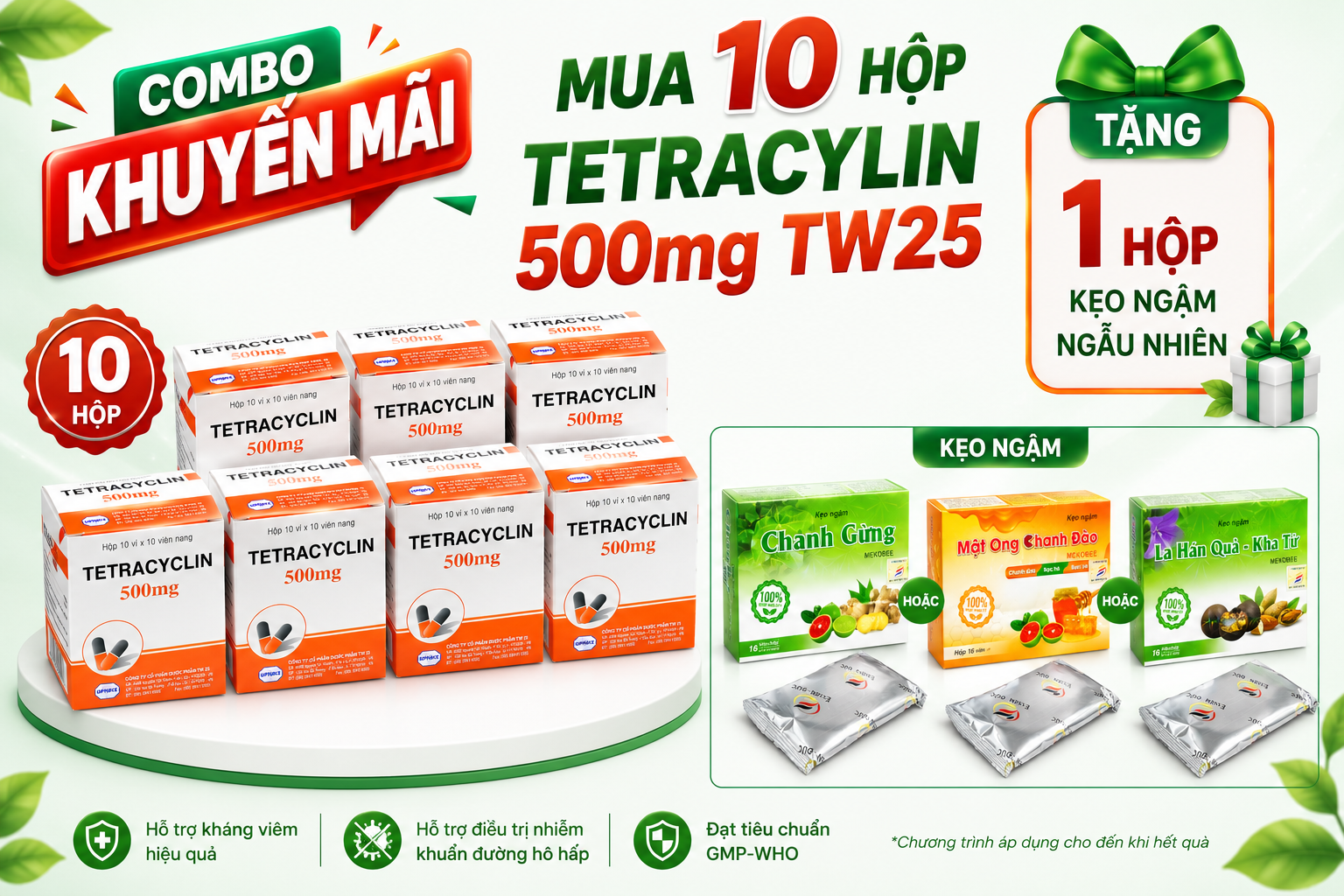 Combo Mua 10 Hộp Tetracylin 500mg  Tw25 Tặng 1 hộp kẹo ngậm Mekobee
