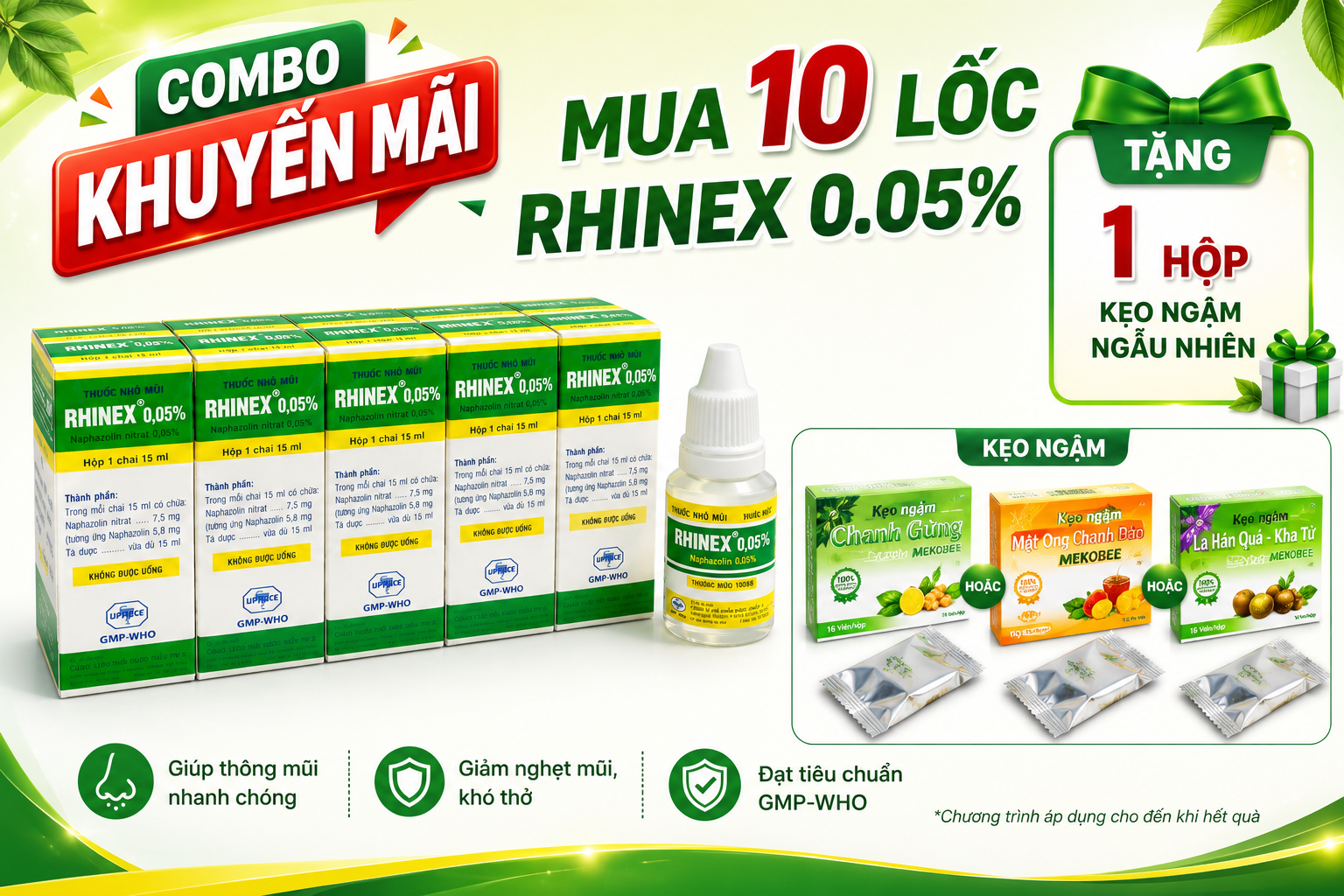 Combo Mua 10 LỐC Nhỏ mũi RHINEX 0.05% Tw25 Tặng 1 hộp kẹo ngậm Mekobee