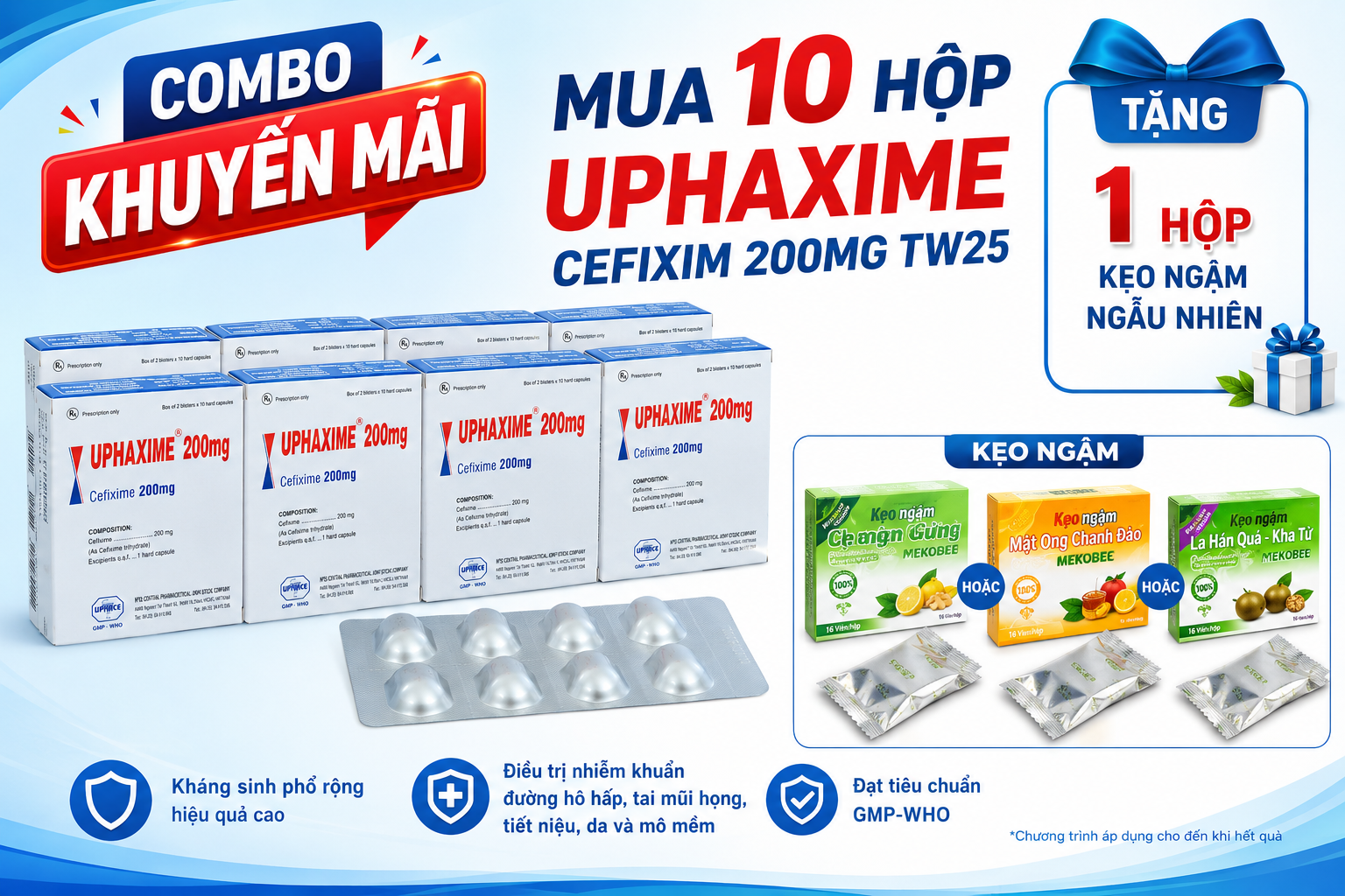 Combo Mua 10 hộp Uphaxime Cefixim 200mg Tw25 Tặng 1 hộp kẹo ngậm Mekobee