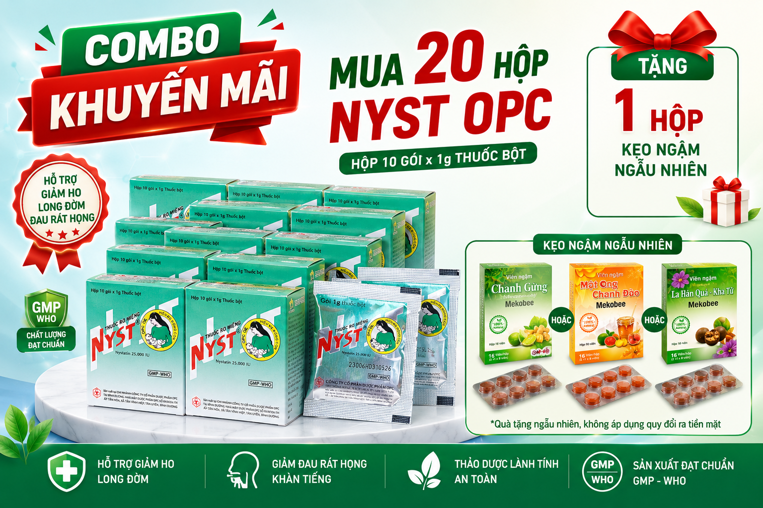 Combo Mua 20 hộp Thuốc rơ miệng NYST OPC Tặng 1 hộp kẹo ngậm Mekobee