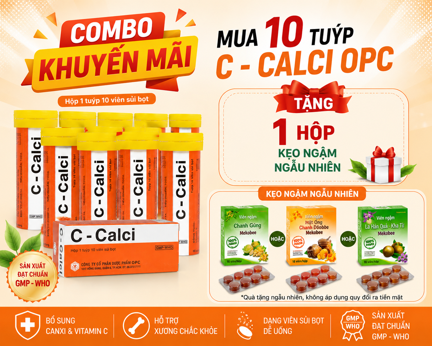 Combo Mua 10 Tuýp VIÊN SỦI C - CALCI OPC_Tặng 1 hộp kẹo ngậm Mekobee