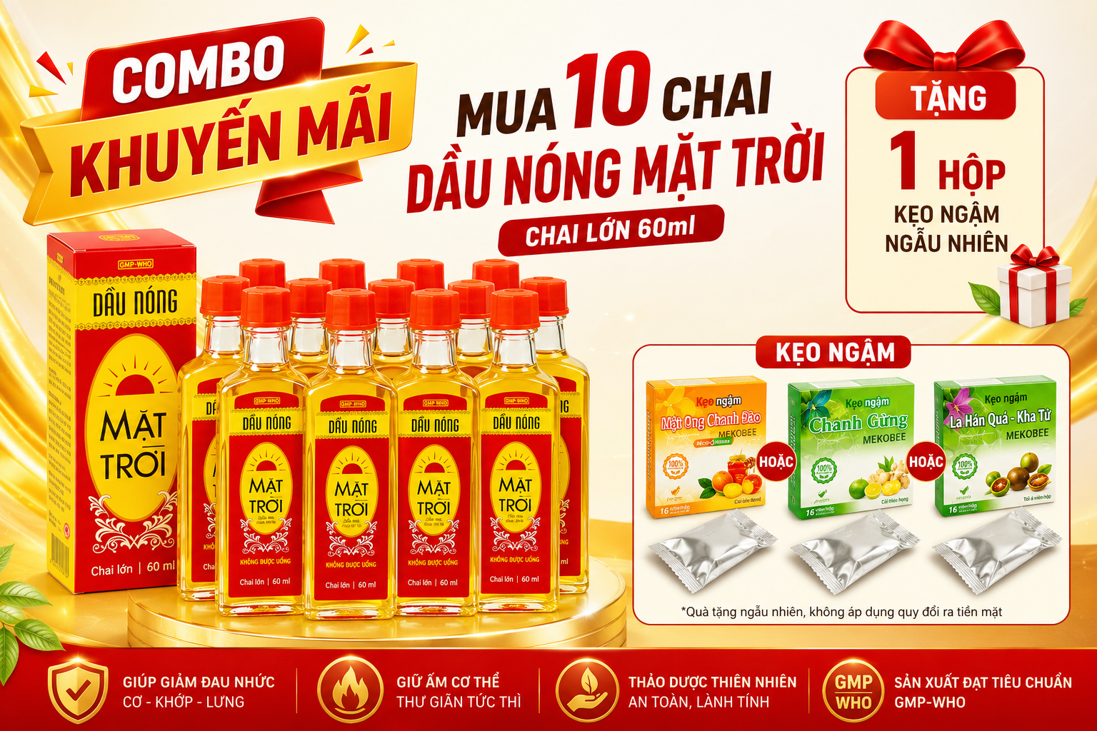 Combo Mua 10 Chai Dầu nóng mặt trời C/60ml -Tặng 1 hộp kẹo ngậm Mekobee