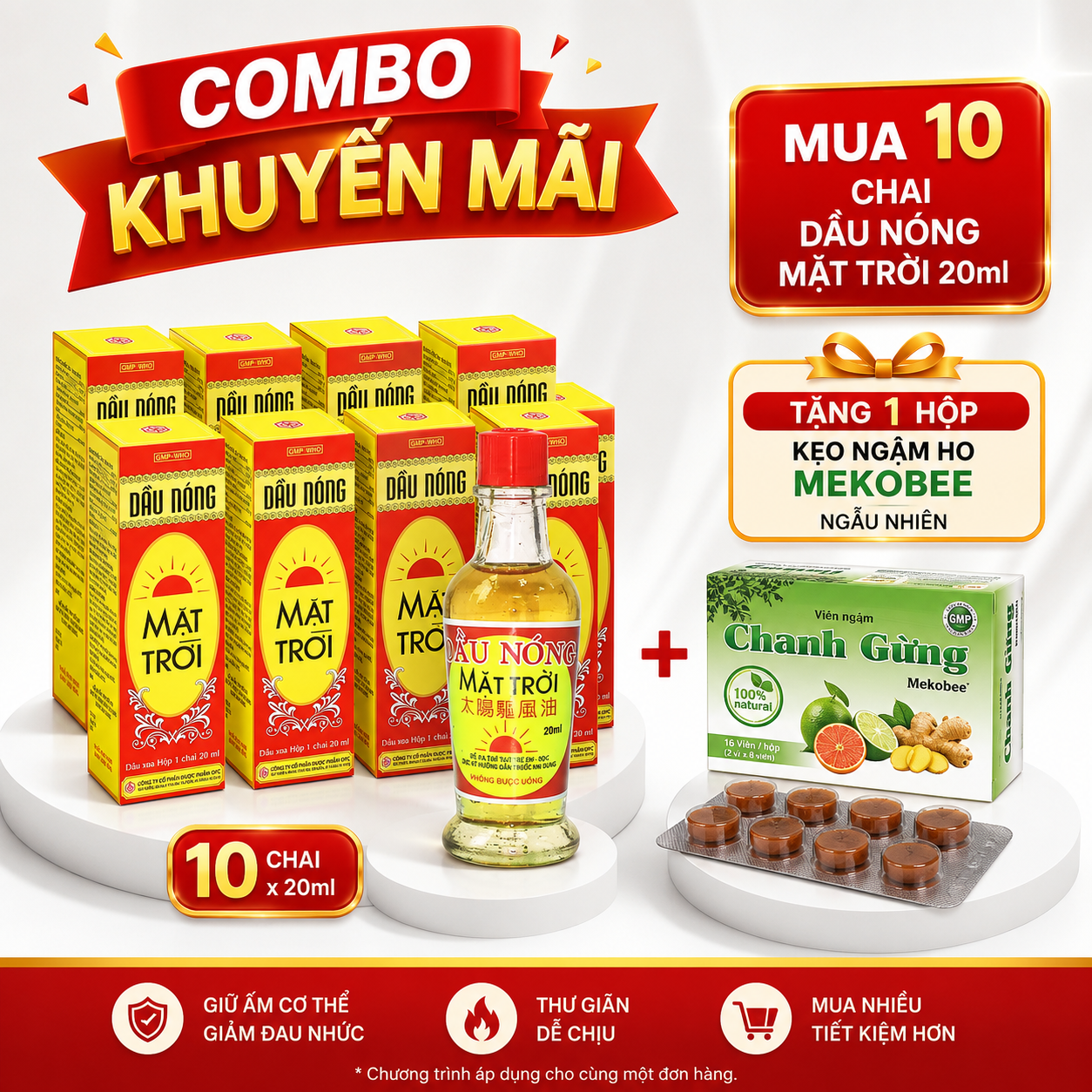 Combo Mua 10 Chai Dầu nóng mặt trời C/20ml_Tặng 1 hộp kẹo ngậm Mekobee
