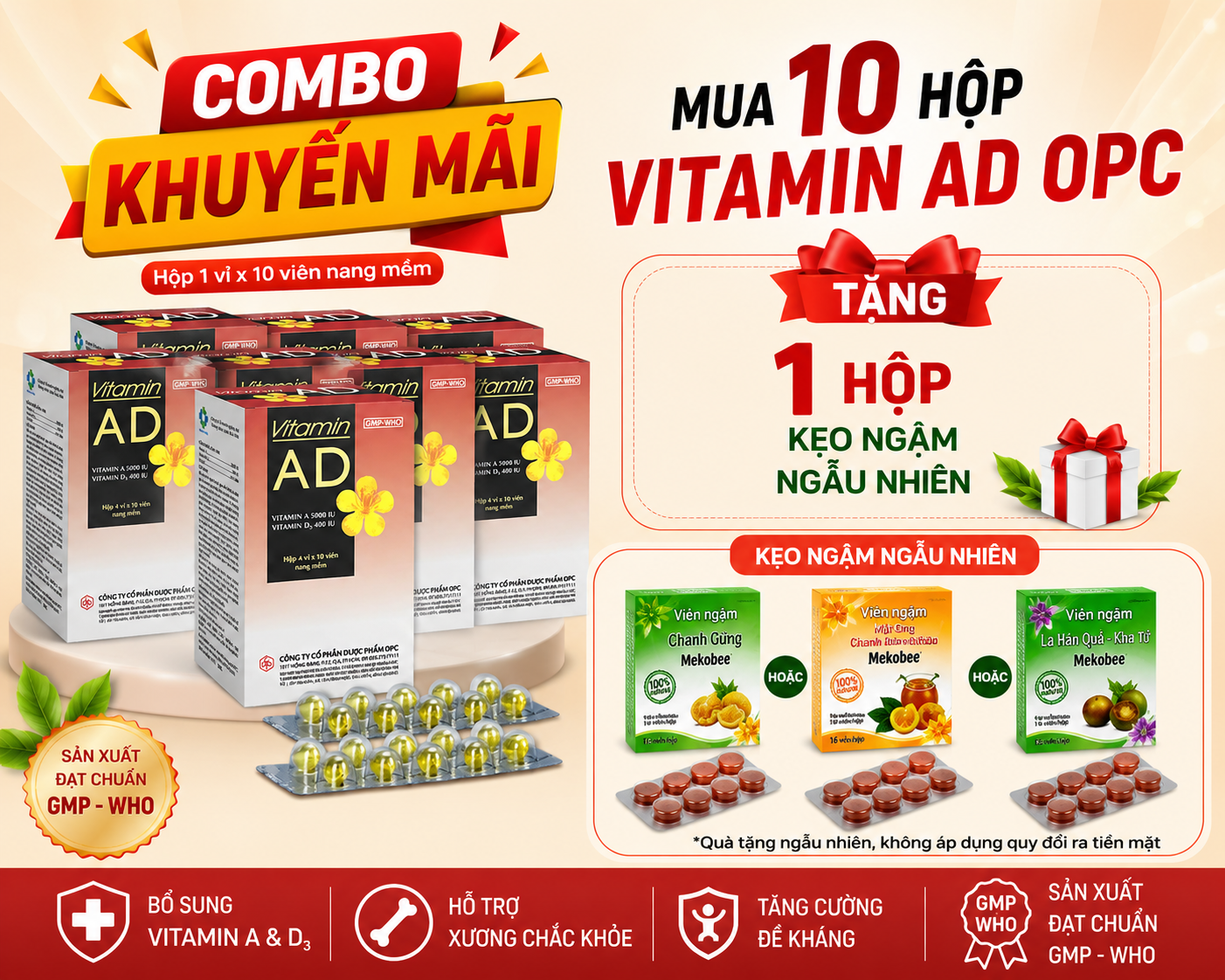 Combo Mua 10 hộp Vitamin AD OPC_Tặng 1 hộp kẹo ngậm Mekobee