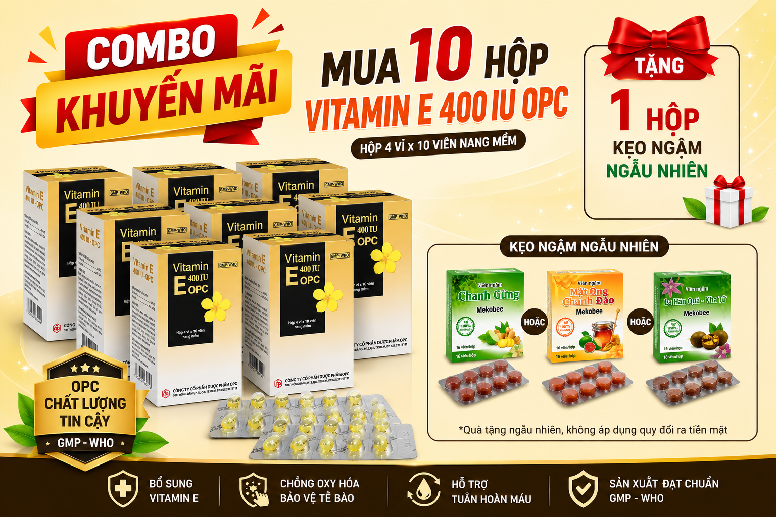 Combo Mua 10 hộp Vitamin E 400 IU OPC_Tặng 1 hộp kẹo ngậm Mekobee