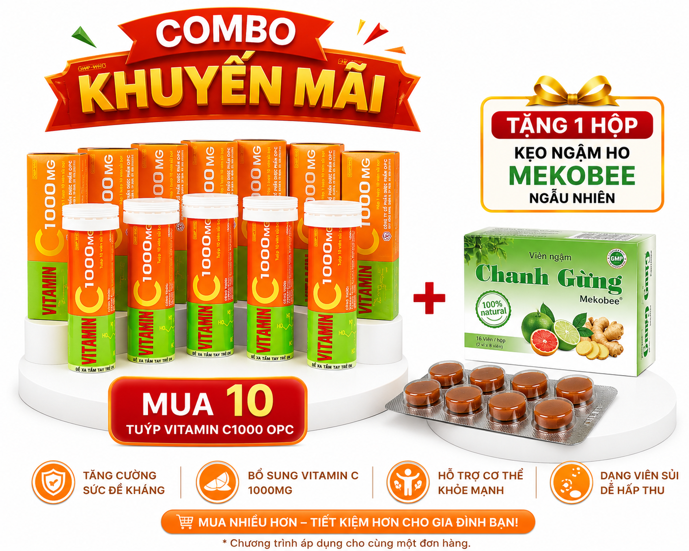 Combo Mua 10Tuýp Vitamin C 1000 OPC_Tặng 1 hộp kẹo ngậm Mekobee