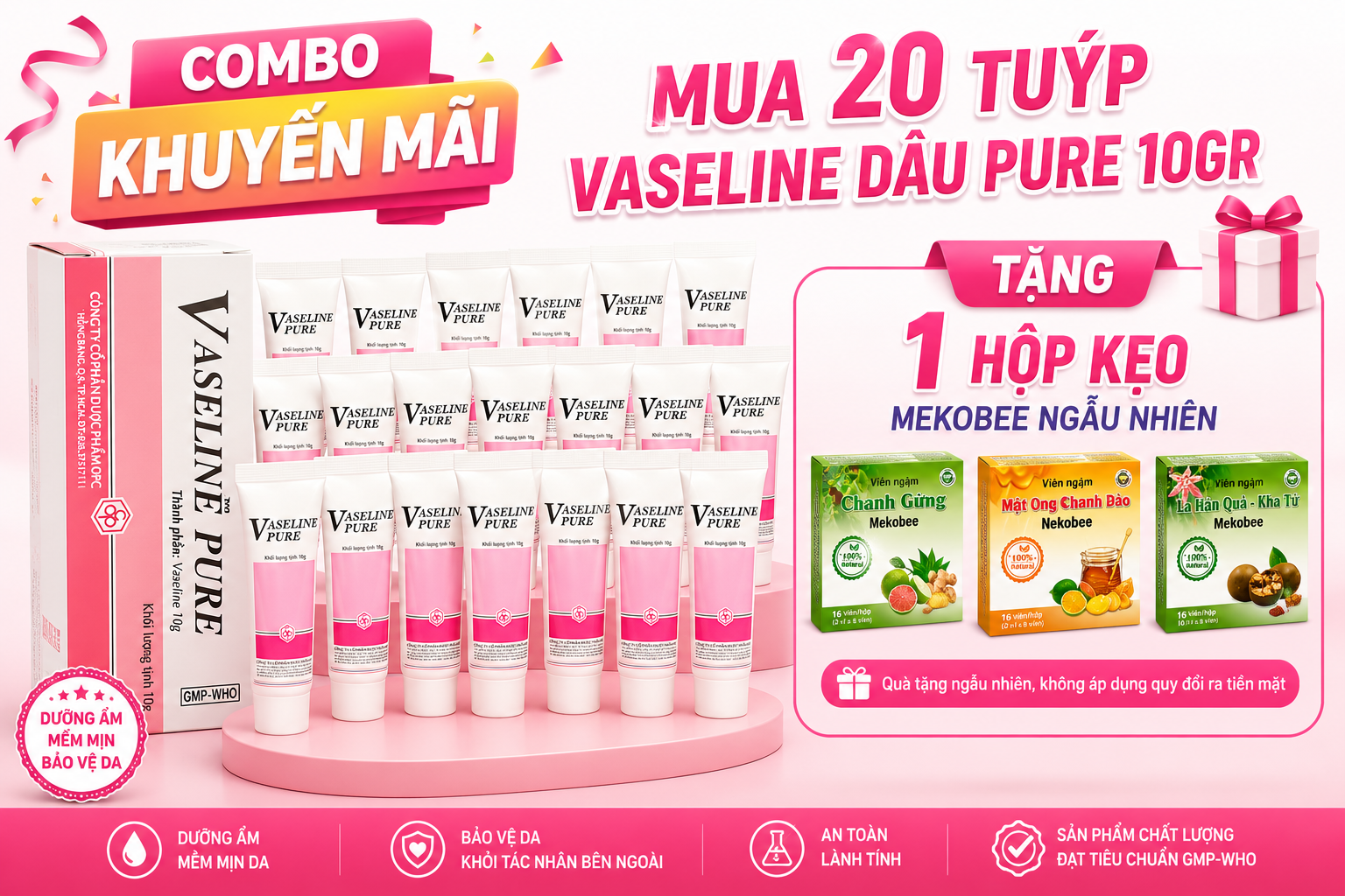Combo Mua 20Tuýp Vaseline dâu pure 10gr OPC_Tặng 1 hộp kẹo ngậm Mekobee
