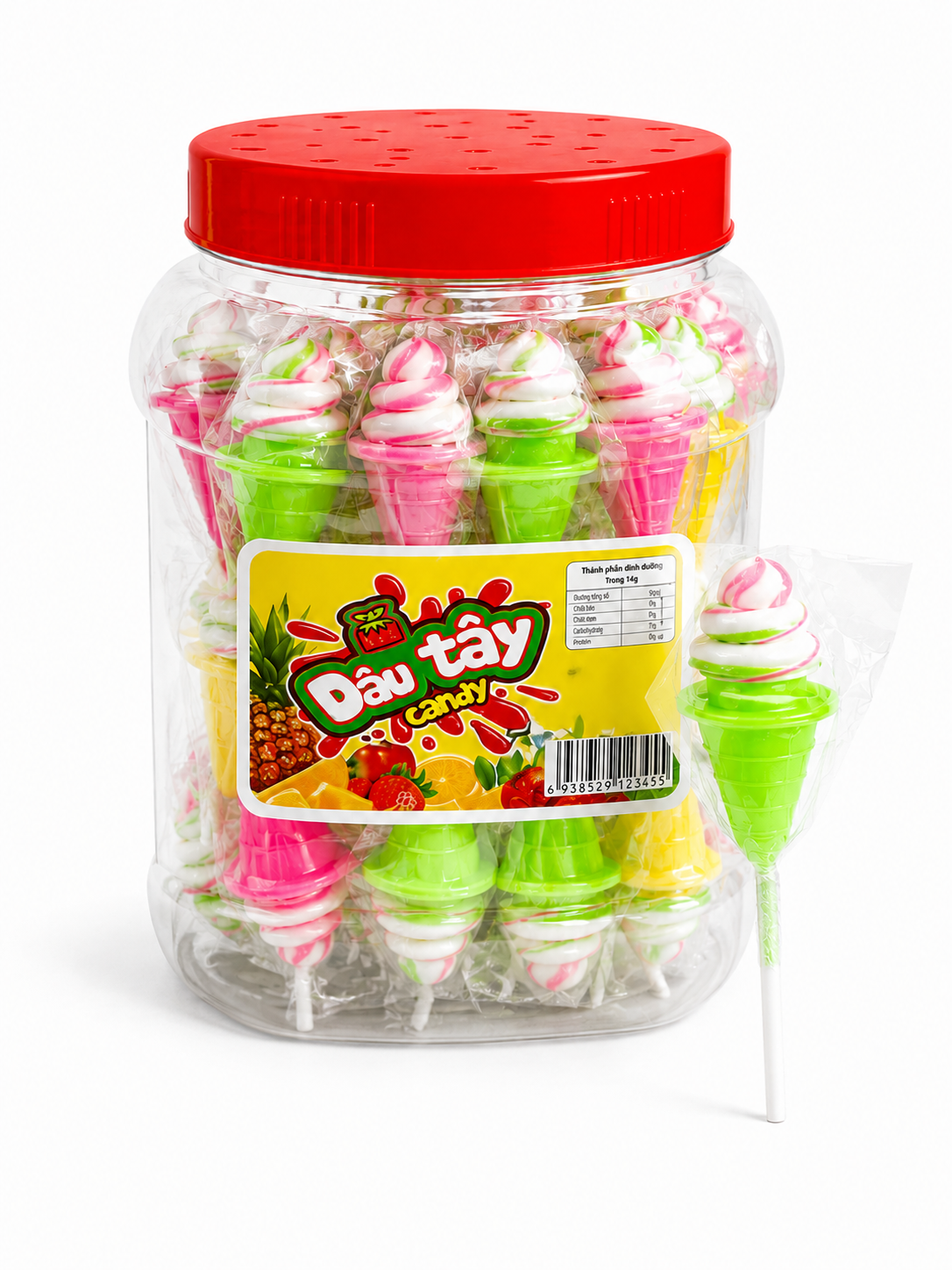 Dâu Tây Candy_Kẹo Cứng Hình Kem Ốc Quế_H/40 que_K12
