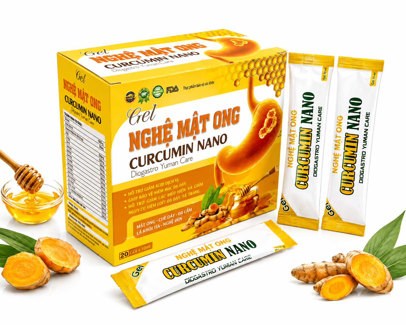 Gel Nghệ Mật Ong Curcumin Nano Vàng Trắng (Dạ dày, Nghệ Gói)_H/20/10ml_K32