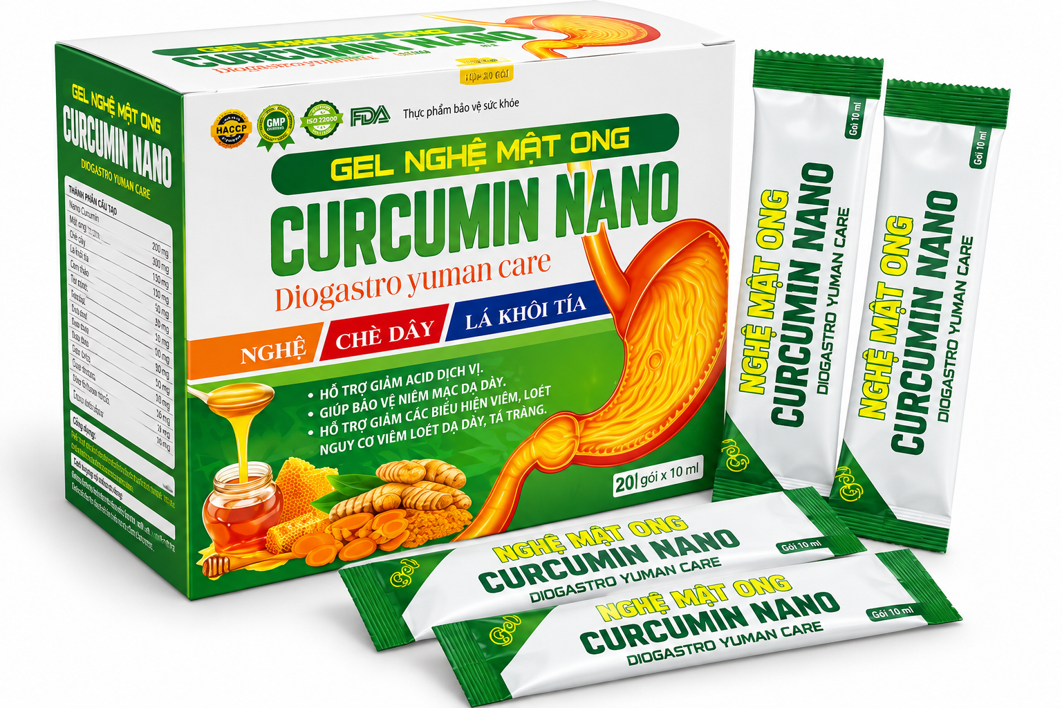 Gel Nghệ Mật Ong Curcumin Nano Diogastro (Xanh Lá)_H/20/10ml_K32