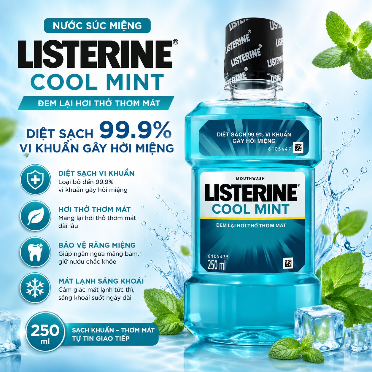 Nước Súc Miệng Listerine Cool Mint_Chai 250ml