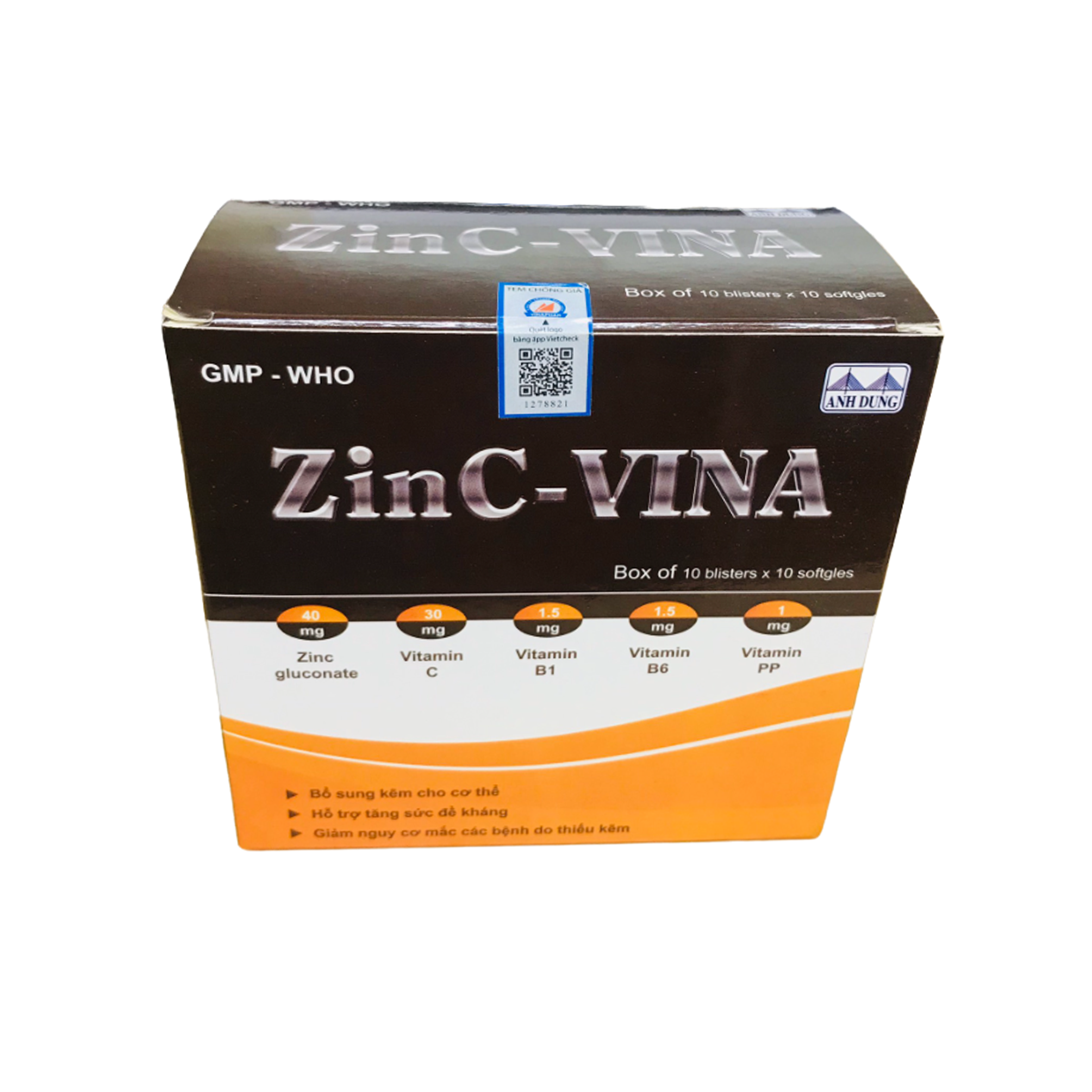 ZINC - VINA   HỘP 10 VỈ X 10 VIÊN (KẼM NÂU)